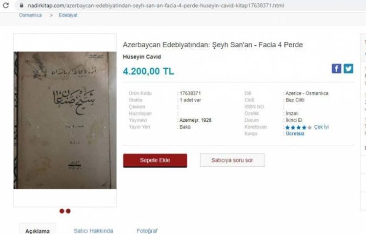 “Şeyx Sənan” pyesinin orijinal nüsxəsi Türkiyədə satışa çıxarıldı