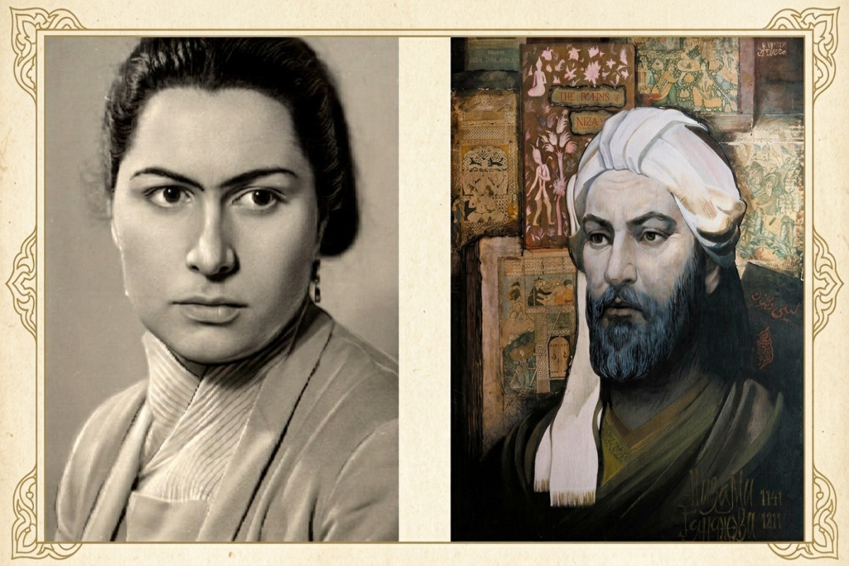 Mütəfəkkir baxışlarının fonunda "Xəmsə" səhifələri - "Nizami Gəncəvinin portreti" 